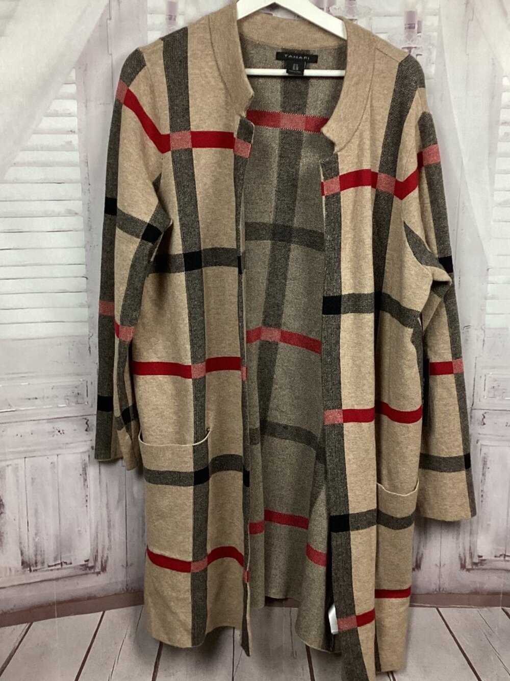 Tahari Plaid Open Front Cardigan Coat Tan Red Longline Sweater 1X NWT
